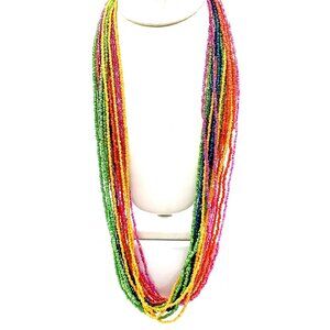 Vintage Rainbow Seed Bead Multi Strand Necklace, Long Colorful Torsade